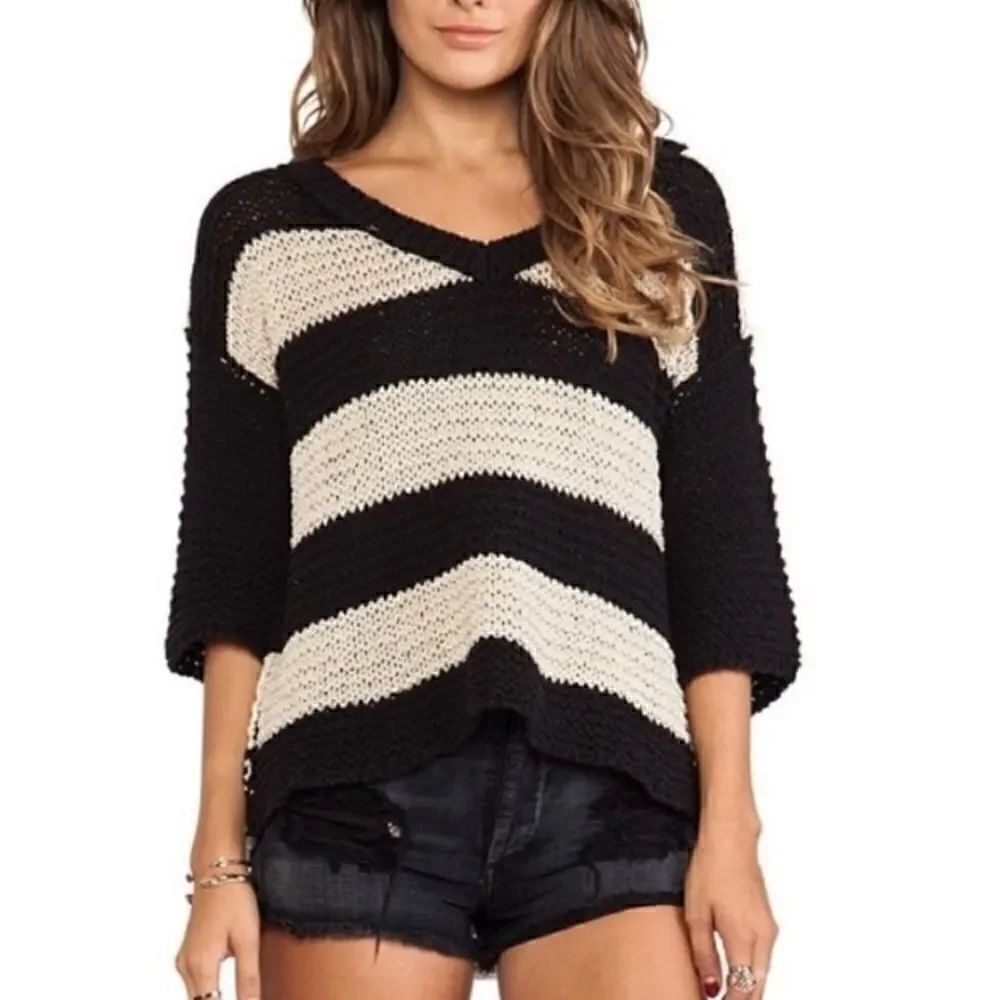 Free People Stripe Open Weave Boxy Sweater